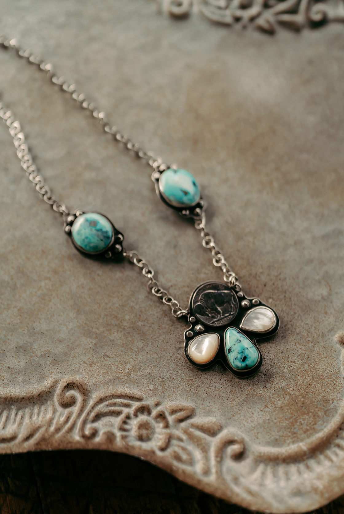 Blue Diamond Turquoise & MOP Buffalo Nickel Necklace