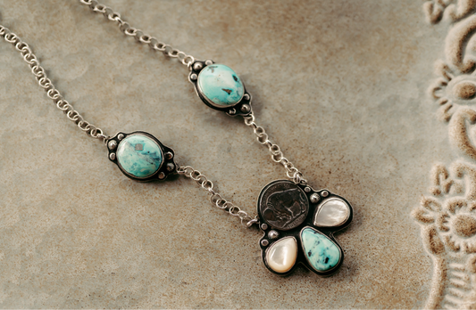 Blue Diamond Turquoise & MOP Buffalo Nickel Necklace